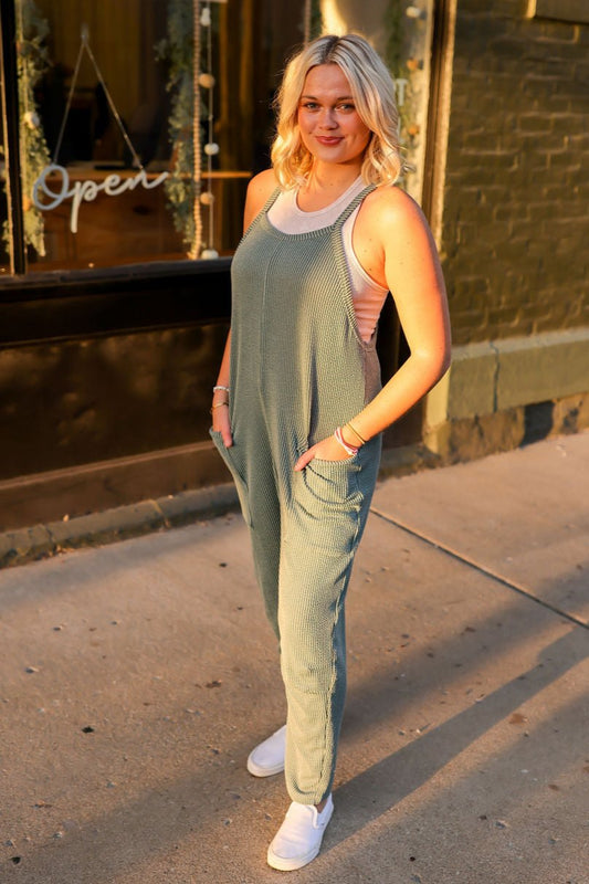 RIBBED GREEN HOT SHOT JUMPSUIT